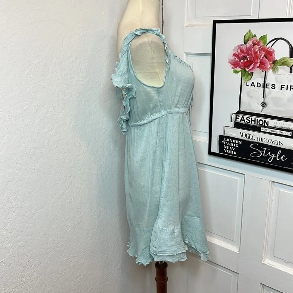 Elizabeth and James Pale Blue Sheer Silk Ruffled Mini Dress Size S - Picture 2 of 7